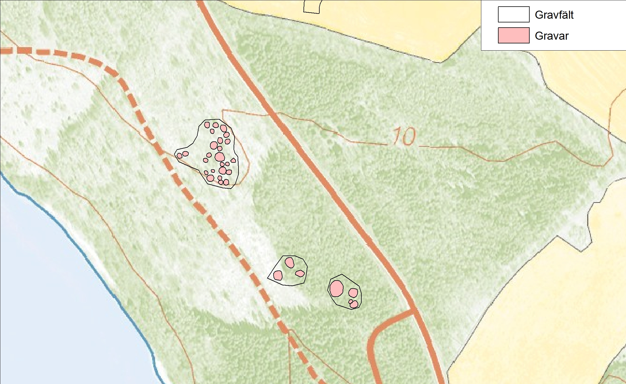 Karterade gravar vid  de nypåträffade gravfälten Kvillinge 220 och 221.